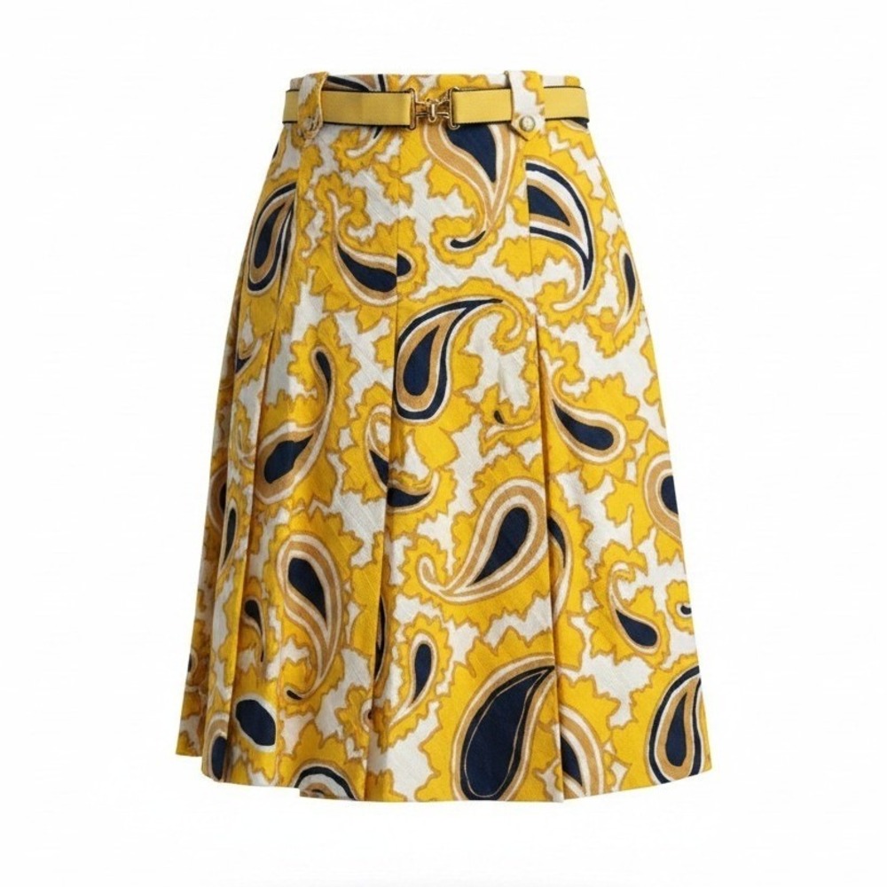 Vintage Kohler Basel Yellow Navy Paisley Jacquard A-Line Skirt Belted Size 38